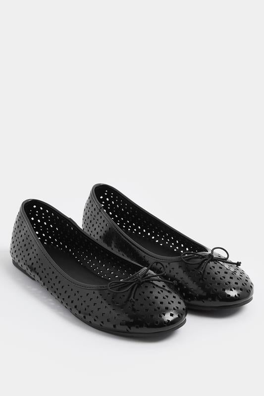  Yours Black Faux Leather Cut Out Ballet Pumps In Wide E Fit