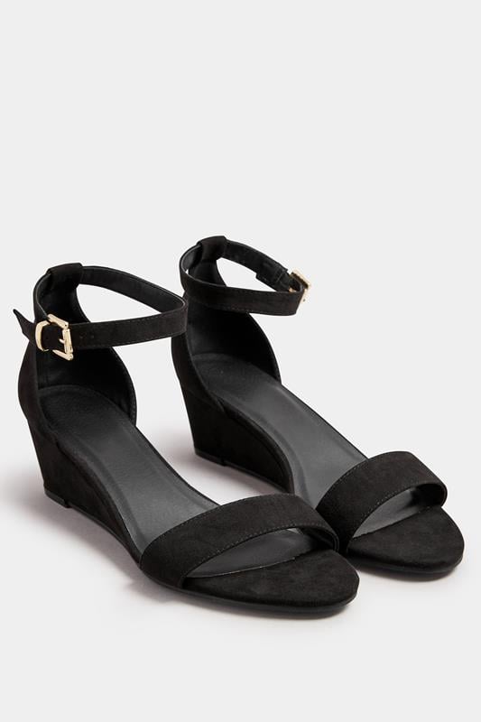  Yours Black Faux Suede Low Wedge Sandals In Extra Wide EEE Fit