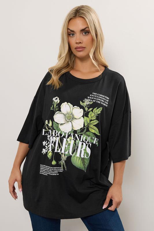 YOURS Curve Black 'La Botanique Fleurs' Floral Oversized Graphic T-Shirt
