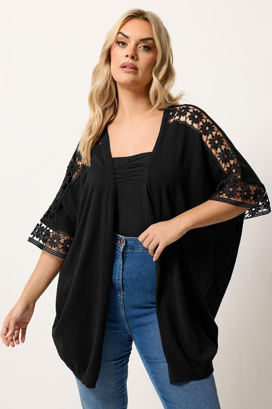 YOURS Curve Black Crochet Sleeve Kimono