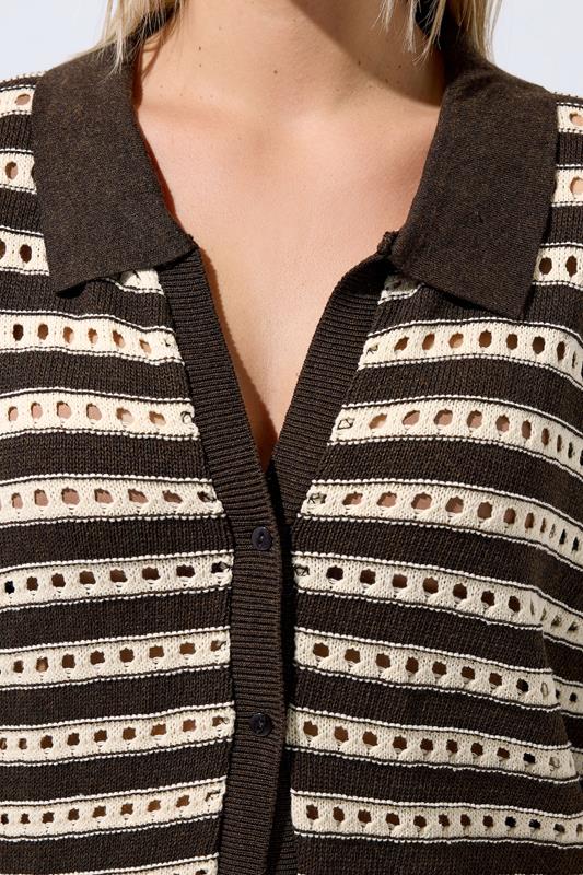 LIMITED COLLECTION Plus Size Chocolate Brown Stripe Crochet Shirt | Yours Clothing 4