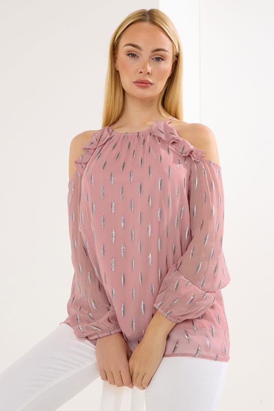 STAR Pink Metallic Cold Shoulder Top