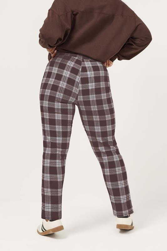 YOURS Plus Size Chocolate Brown Check Crepe Tapered Trousers | Yours Clothing 2