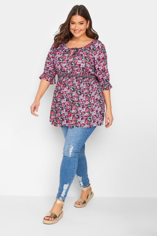 YOURS Plus Size Black Floral Print Shirred Waist Top | Yours Clothing 2