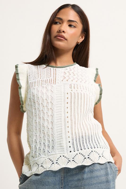 PixieGirl Petite Ivory White & Sage Green Crochet Vest Top