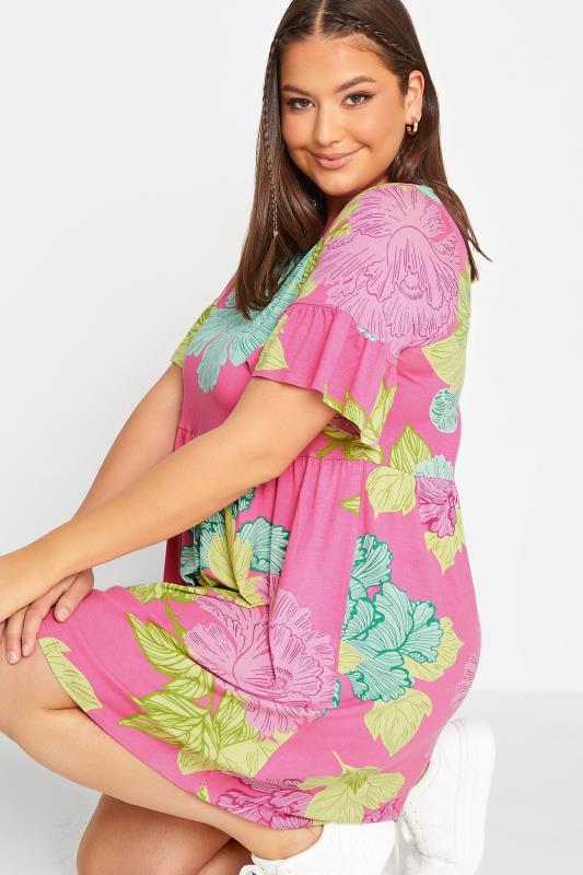 YOURS Plus Size Curve Pink Floral Smock Tunic Dress | Yours Clothing 4
