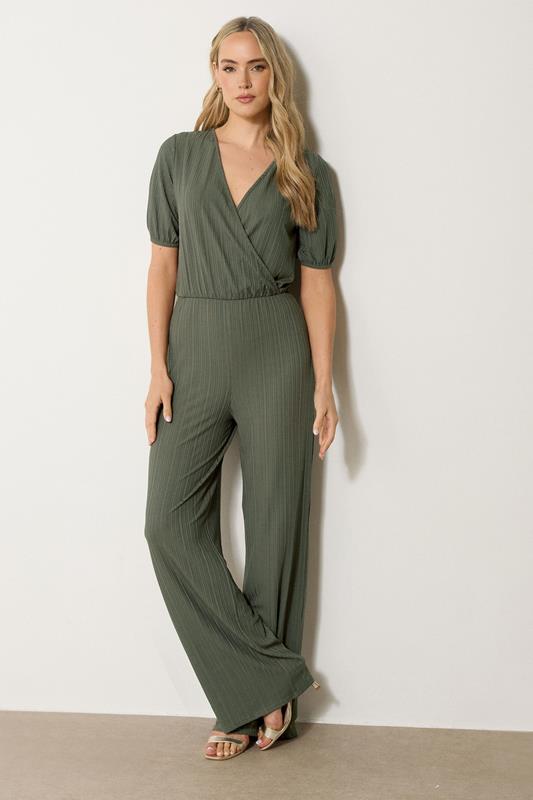 LTS Tall Khaki Green Ribbed Wrap Jumpsuit | Long Tall Sally 1