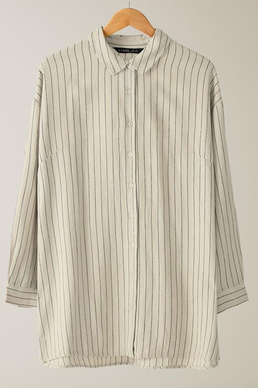 EVANS Plus Size Natural Brown Stripe Print Premium Linen Shirt | Evans 8