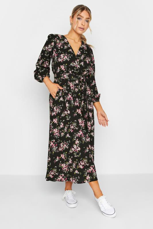 M&Co Black & Pink Floral Print Wrap Front Dress | M&Co