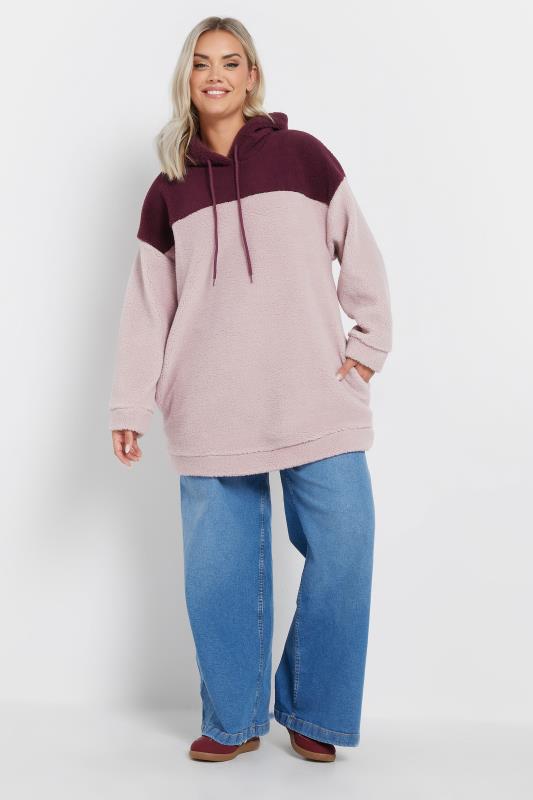 YOURS Plus Size Pink Colour Block Teddy Fleece Hoodie | Yours Clothing 1