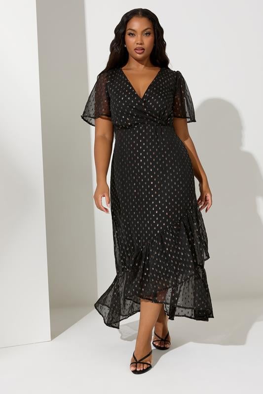 YOURS LONDON Curve Black Metallic Dobby Wrap Dress