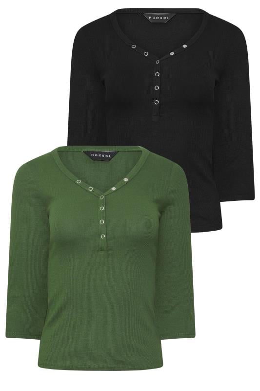PixieGirl Petite 2 PACK Black & Khaki Green Button Henley Tops