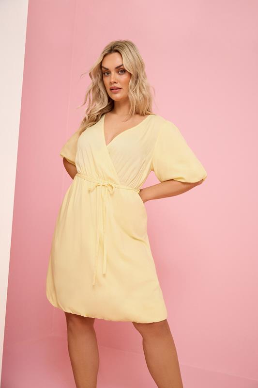 YOURS Plus Size Yellow Puff Ball Wrap Dress | Yours Clothing 1