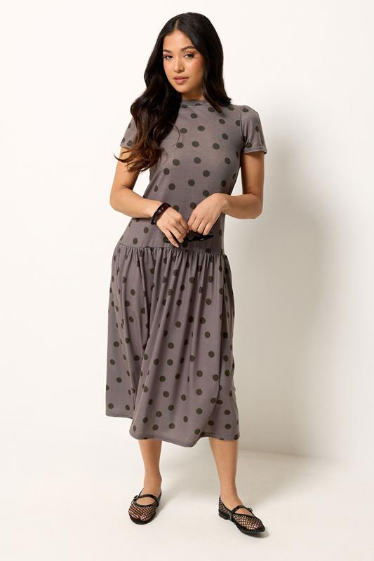PixieGirl Petite Women's Chocolate Brown Polka Dot Drop Waist Maxi Dress | PixieGirl 2