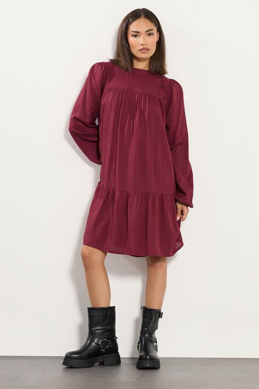 PixieGirl Petite Women's Dark Red Button Smock Midi Dress | PixieGirl 1