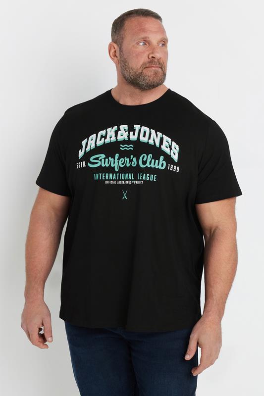 JACK & JONES Big & Tall Black 'Surfer's Club' Printed T-Shirt | BadRhino 1