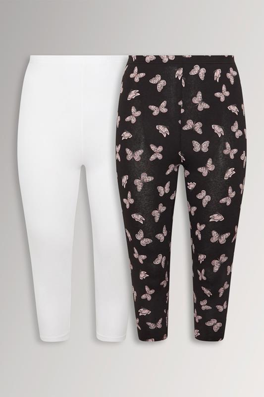 YOURSET 2 PACK Plus Size Black Butterfly Print Cropped Leggings | Yours Clothing 1