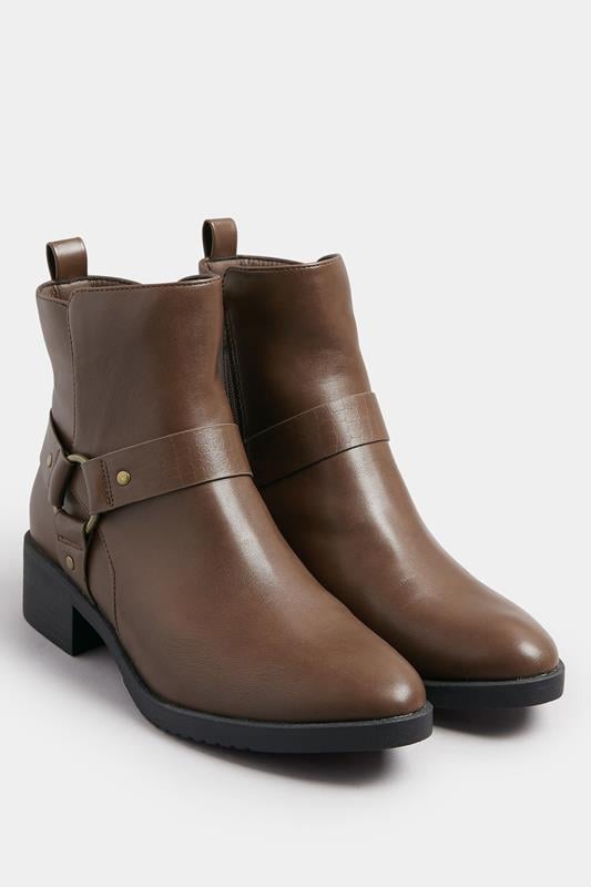  Yours Brown Faux Leather Buckle Ankle Boots In Standard Fit
