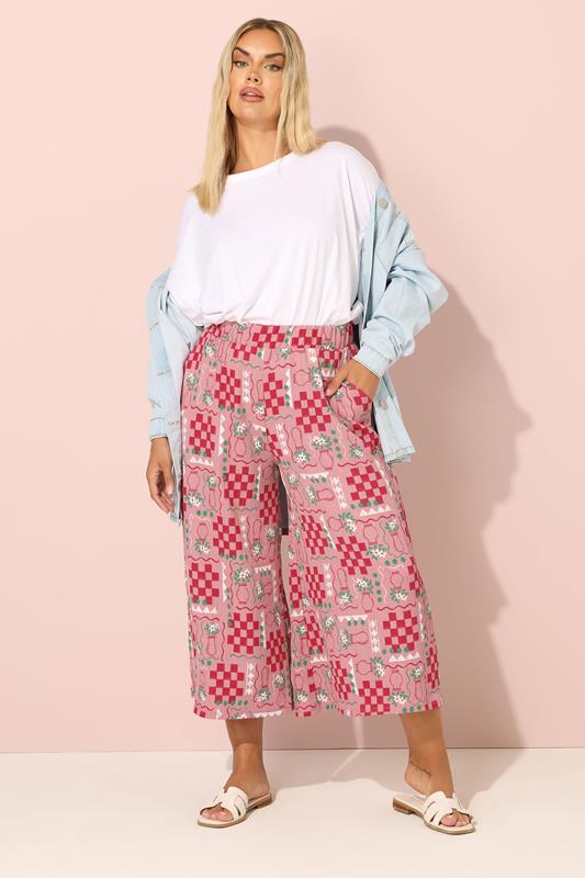YOURS Plus Size Pink Floral Check Crinkle Midaxi Culottes | Yours Clothing 1