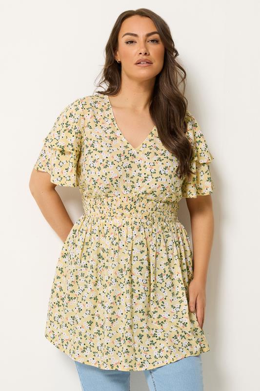 YOURS Plus Size Yellow Ditsy Floral Flutter Sleeve Top | Yours Clothing 1