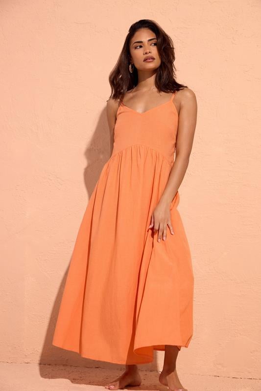 PixieGirl Petite Women's Orange Linen Strappy Midi Dress | PixieGirl 1
