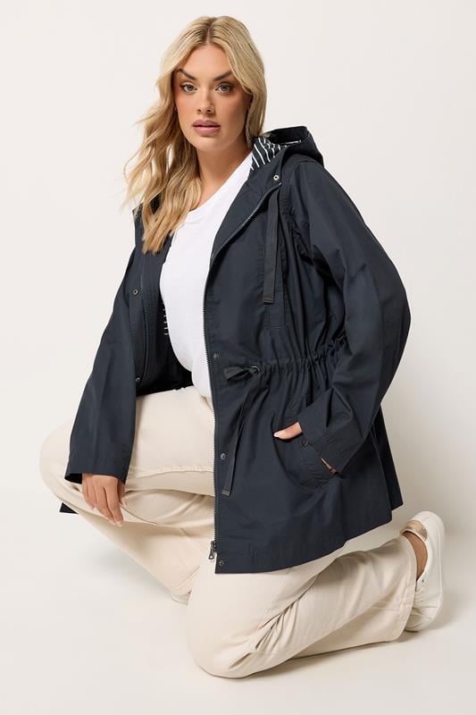YOURS Curve Navy Blue Stripe Lined Hooded Jacket