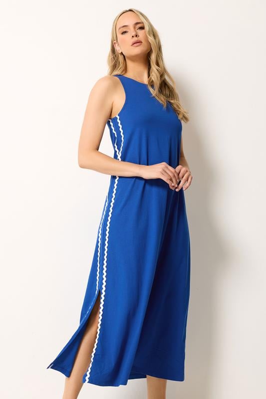 LTS Tall Women's Blue Swirl Trim Cotton Sleeveless Midi Dress | Long tall Sally 1
