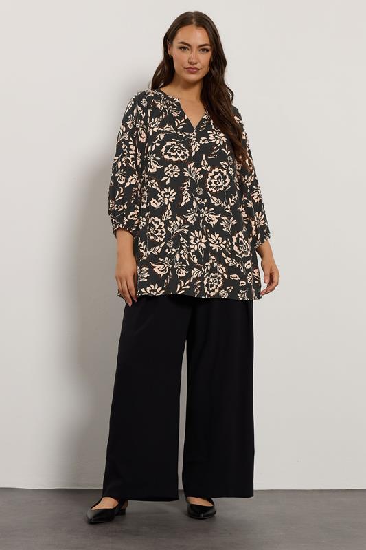EVANS Plus Size Black Floral Notch Neck Blouse | Evans 1