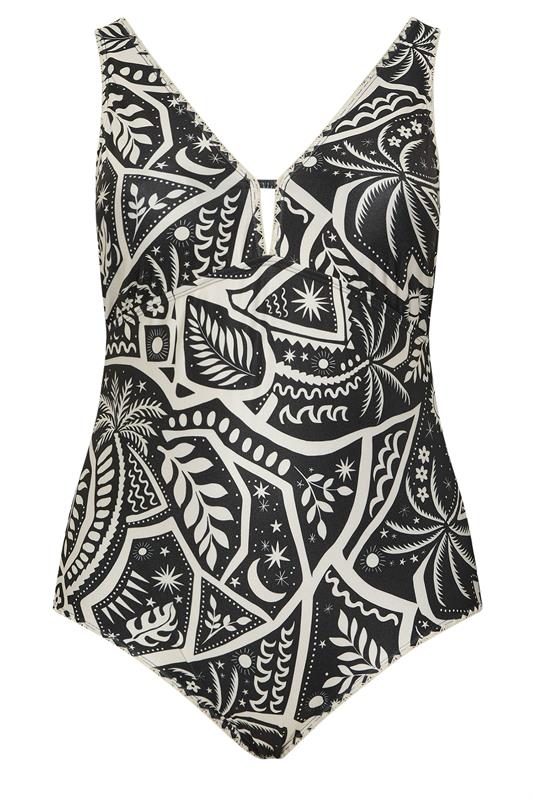 YOURS Plus Size Black Postcard Blanket Stitch Plunge Swimsuit | Yours Clothing 5
