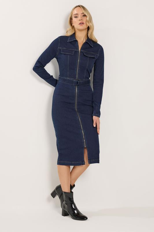 LTS Tall Women's Dark Blue Zip Through Denim Midi Dress | Long Tall Sally 2