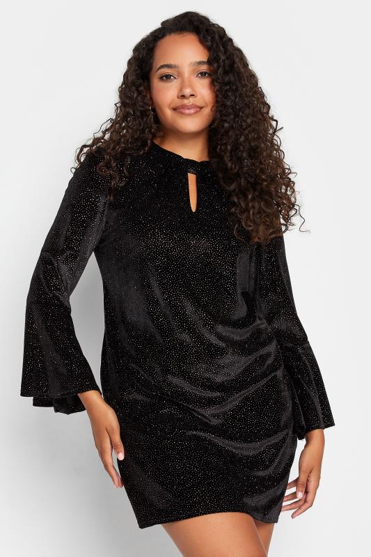 Delta Plus-size Black Velvet Glitter Midi Dress with Bell Sleeves