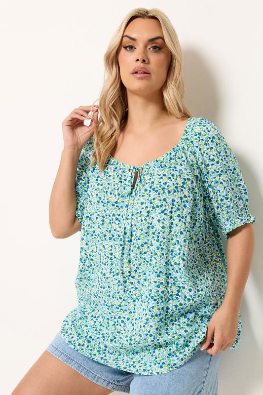 YOURS Plus Size Blue Ditsy Floral Top | Yours Clothing 1