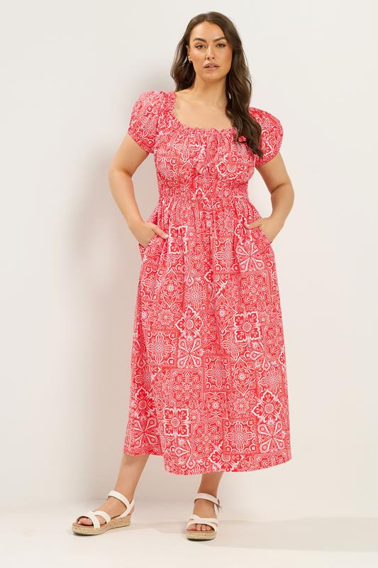 YOURS Curve Red Paisley Poplin Bardot Dress
