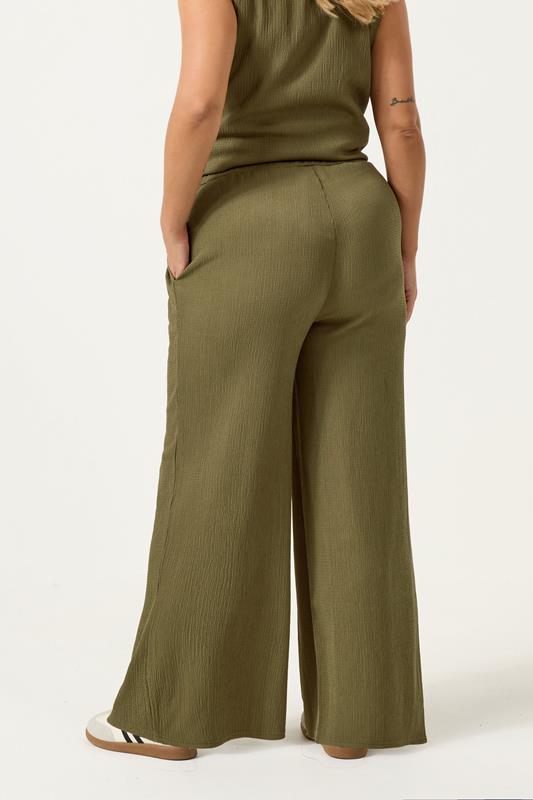 YOURS Plus Size Khaki Green Elasticated Waist Textured Trousers | Yours Clothing 2
