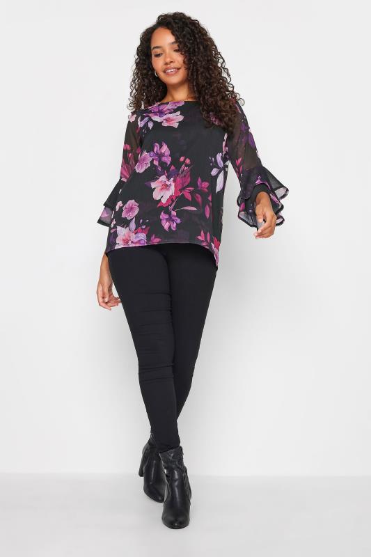 M&Co Black & Pink Floral Print Flute Sleeve Blouse | M&Co 3