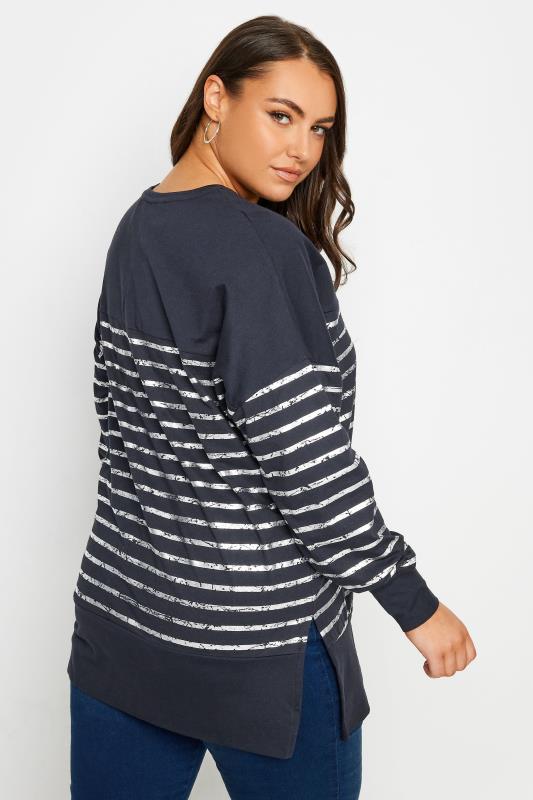 YOURS LUXURY Plus Size Navy Blue Metallic Stripe Top | Yours Clothing 3