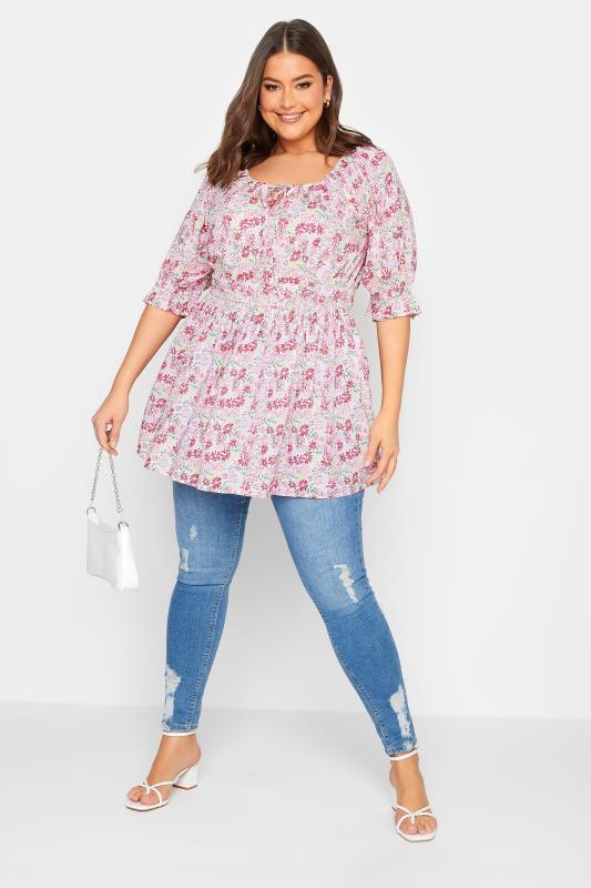 YOURS Plus Size White Floral Print Shirred Waist Top | Yours Clothing 2