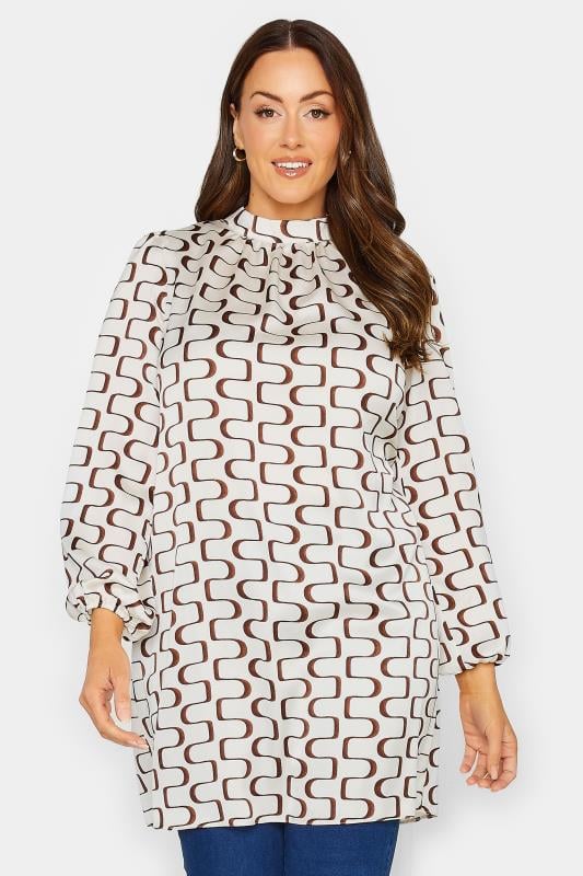 Women's  M&Co White Ivory Geometric Print High Neck Tunic Blouse
