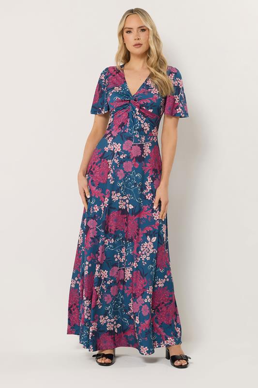 LTS Tall Teal Blue Floral Twist Front Maxi Dress
