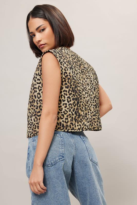 PixieGirl Petite Women's Beige Brown Leopard Print Cotton Quilted Waistcoat | PixieGirl 2
