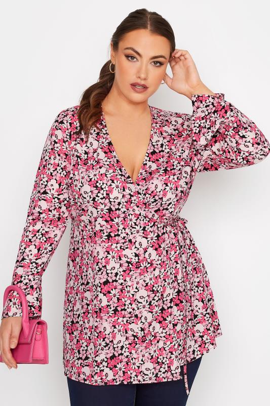 YOURS Plus Size Pink Floral Print Wrap Top | Yours Clothing 1
