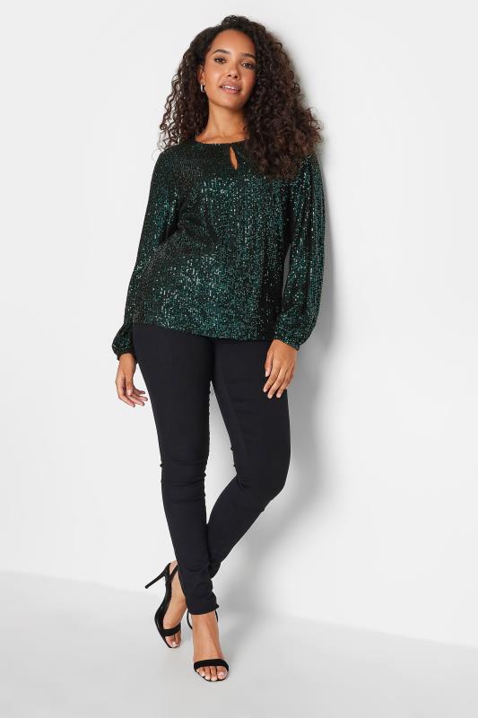 M&Co Dark Green Sequin Keyhole Long Sleeve Top | M&Co 3