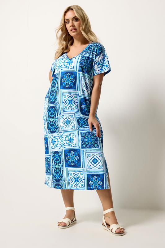 YOURS Plus Size Blue Tile Print Midi Dress | Yours Clothing 1