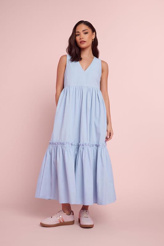PixieGirl Petite Light Blue Cotton Frill Tiered Midi Dress