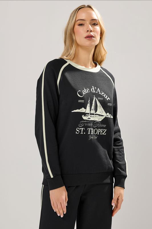 LTS Tall Black 'Cote d'Azur' Slogan Pipe Detail Sweatshirt | Long Tall Sally  1