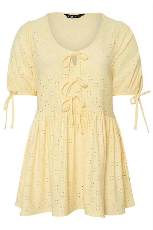 YOURS Plus Size Yellow Broderie Anglaise Tie Front Peplum Top | Yours Clothing 5