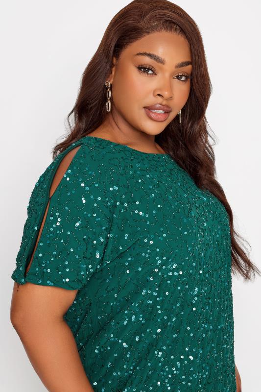 LUXE Plus Size Forest Green Sequin Hand Embellished Cape Dress | Yours Clothing 4