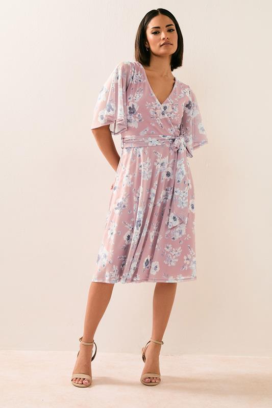 PixieGirl Petite Women's Blush Pink Mesh Floral Wrap Midi Dress | PixieGirl 1