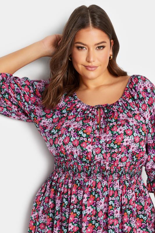 YOURS Plus Size Black Floral Print Shirred Waist Top | Yours Clothing 4