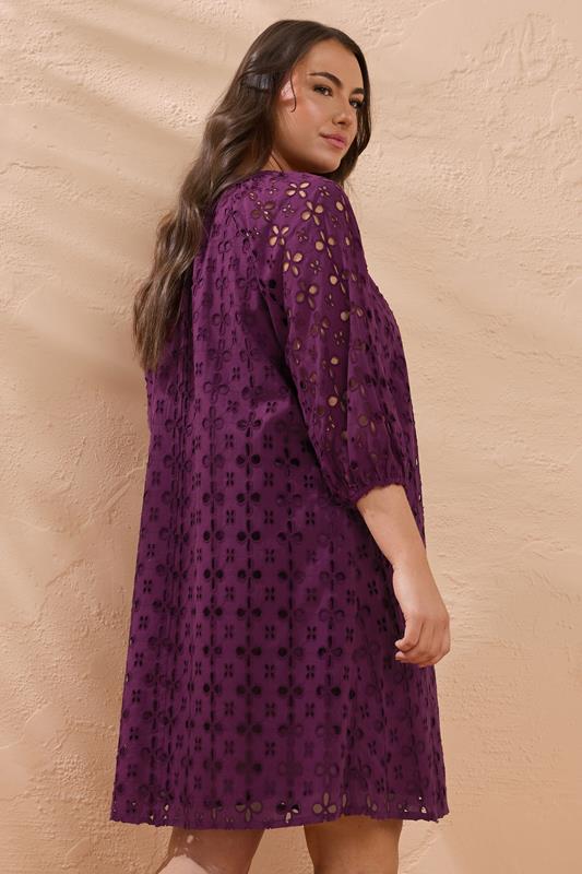 EVANS Plus Size Purple Long Sleeve Broderie Dress | Evans 2